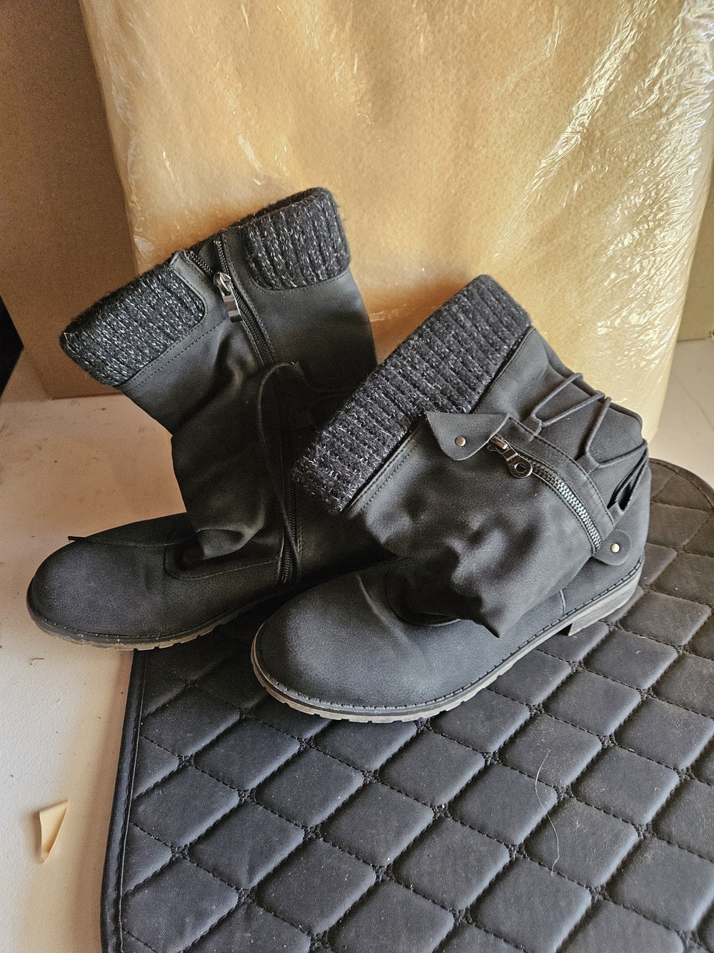 Women's Black Knit-Cuff Mid-Calf Boots